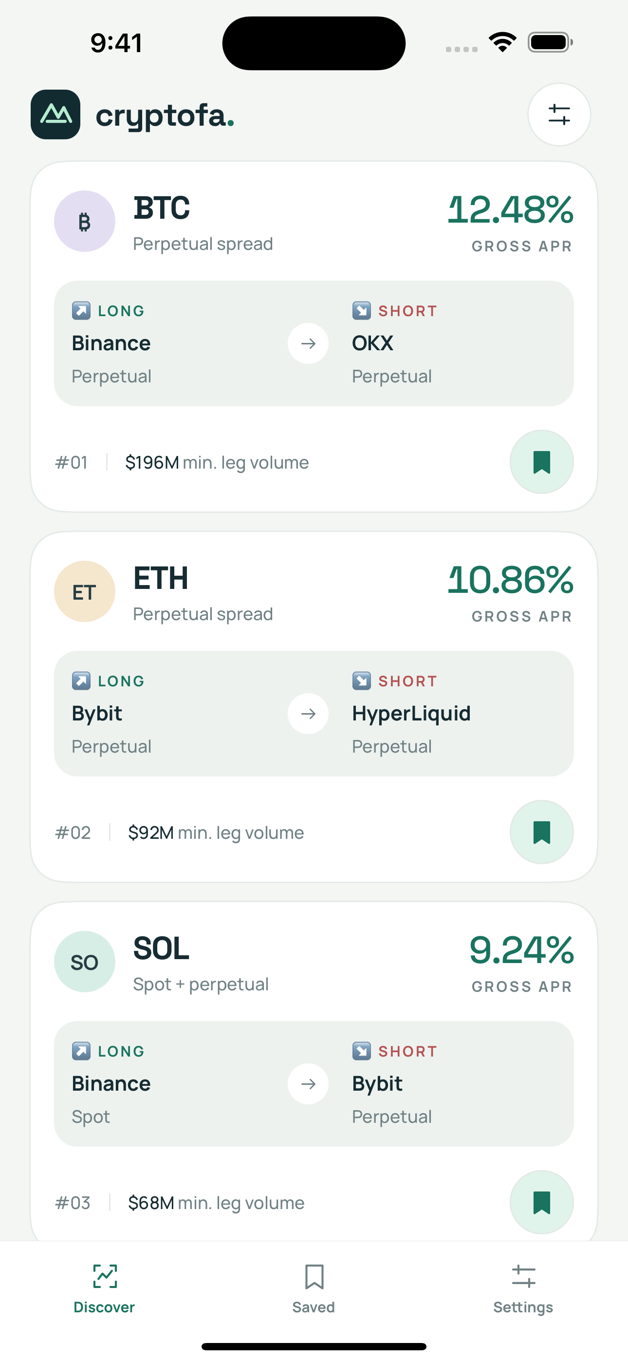 Earlier CryptoFA interface showing sample funding-spread opportunities