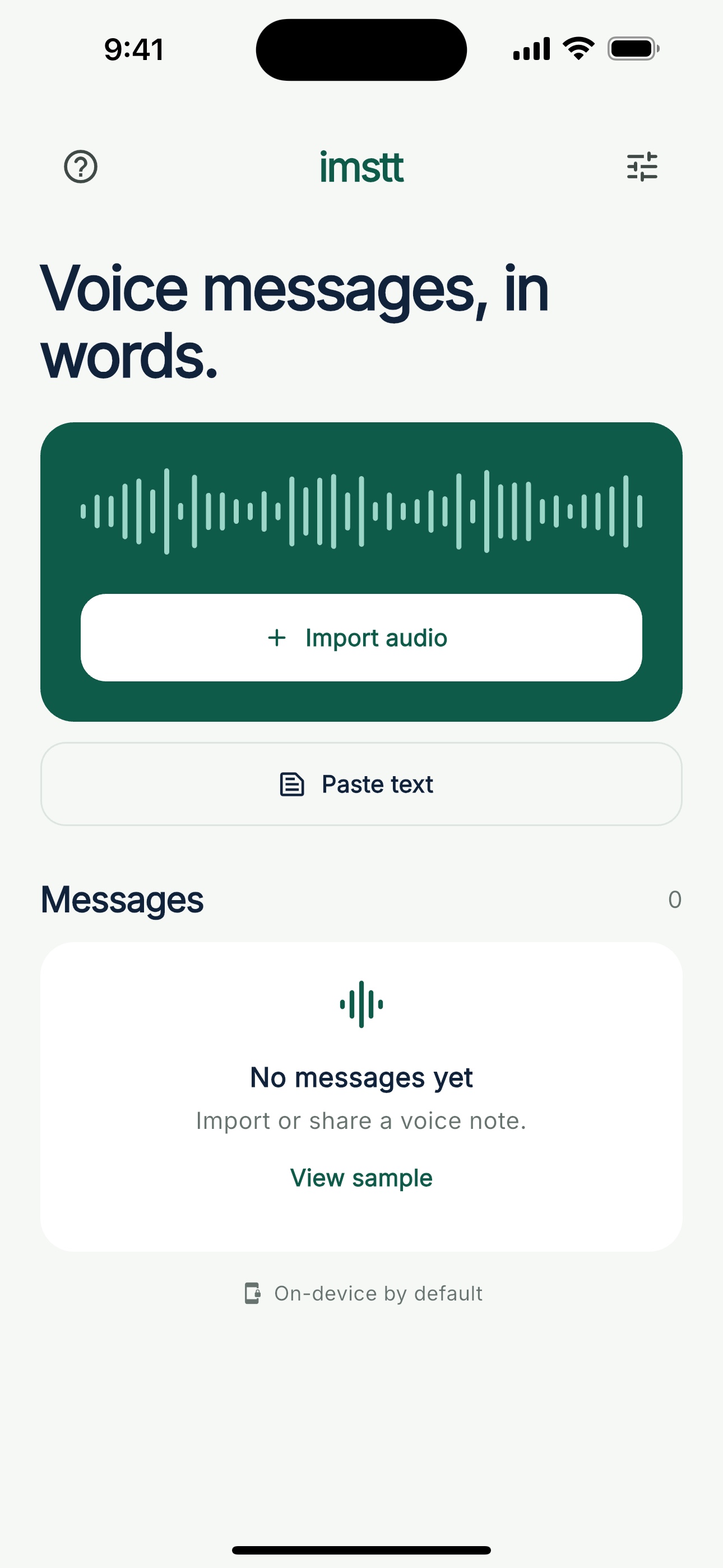 imstt home screen with import audio and paste text actions