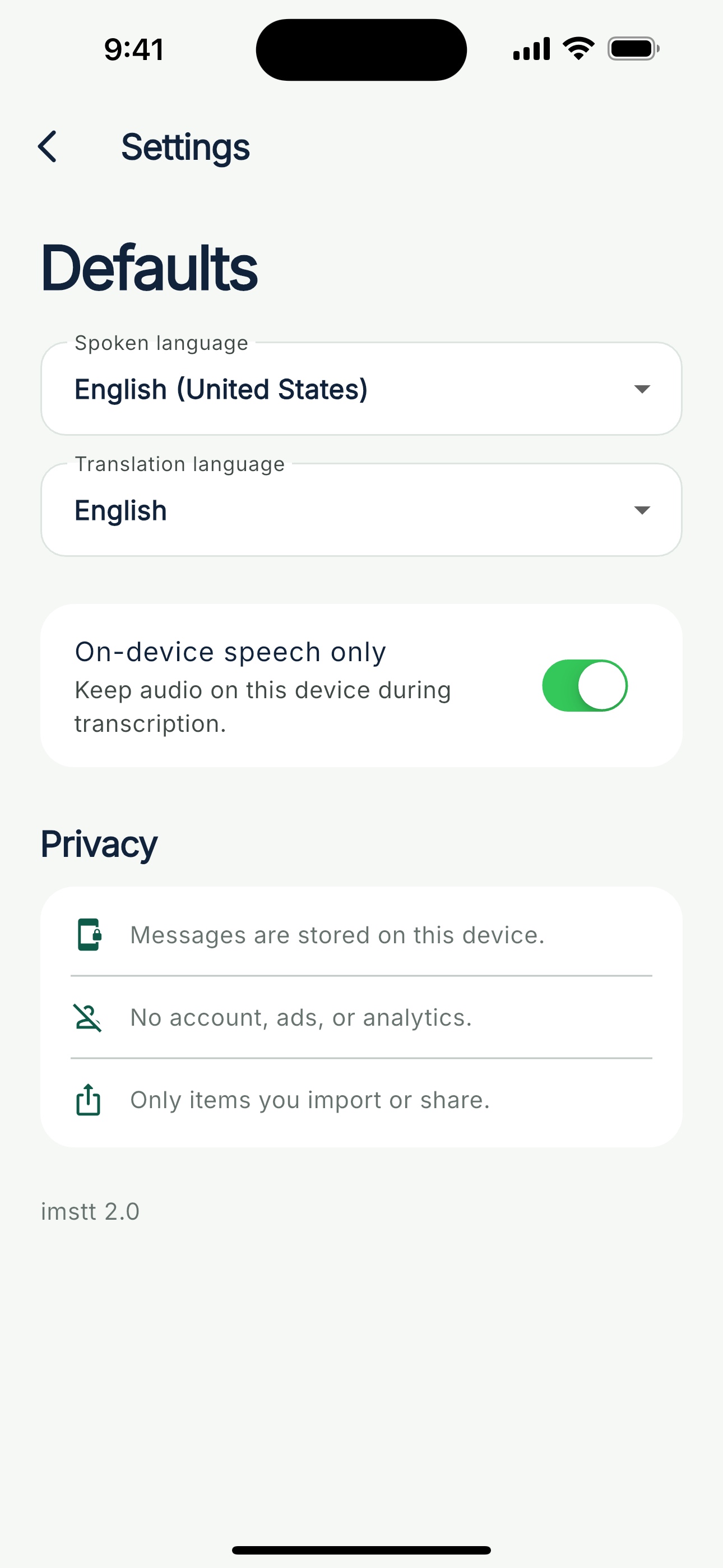 imstt settings with language defaults, on-device speech, and privacy summary