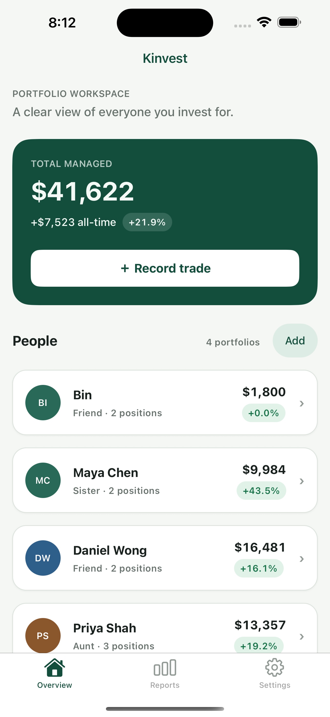 Kinvest dashboard with a combined managed value and four example portfolios