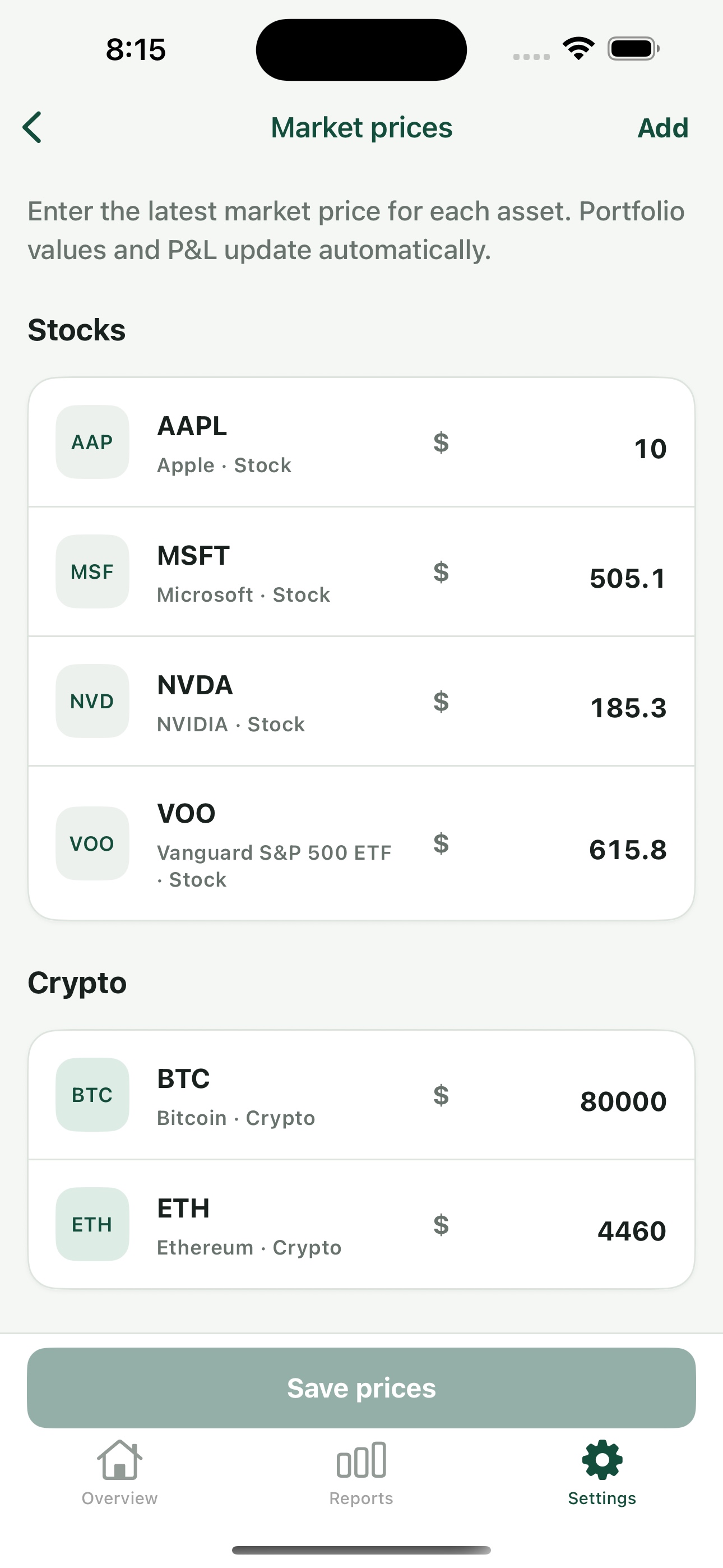 Kinvest manual market price editor for stocks and crypto assets