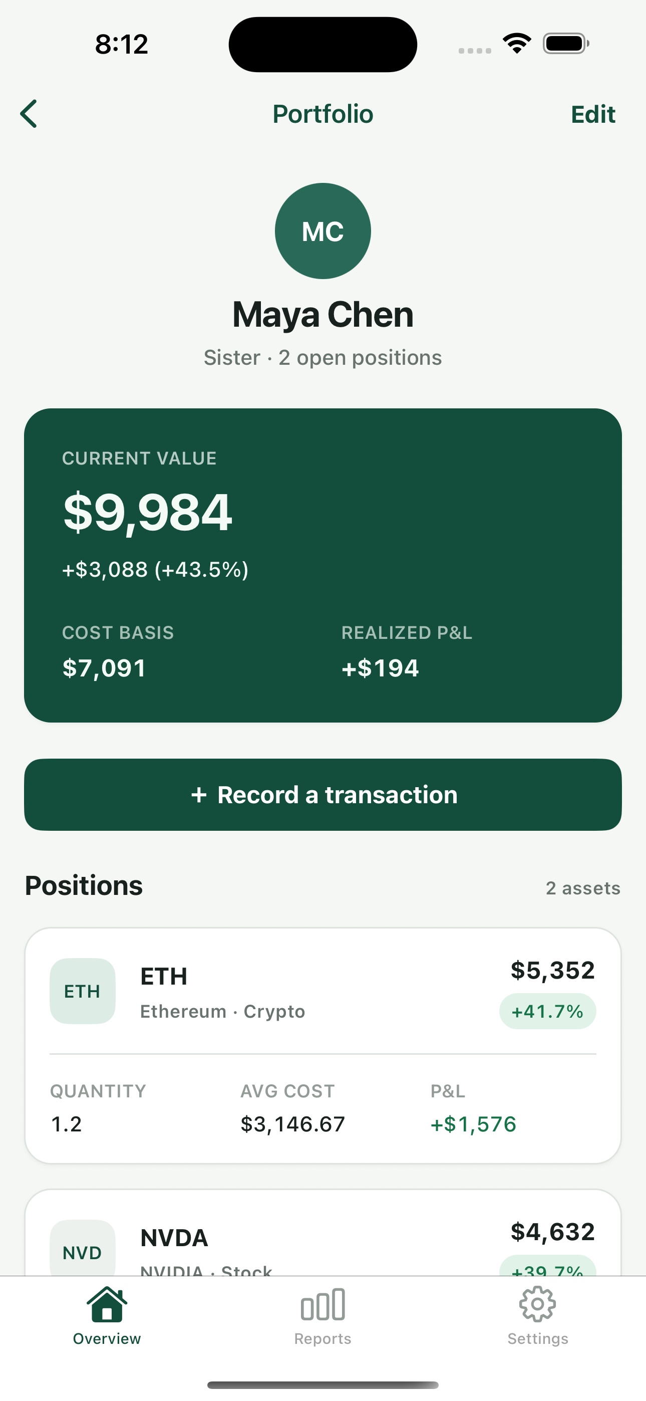Kinvest portfolio detail showing holdings, cost basis, and profit and loss