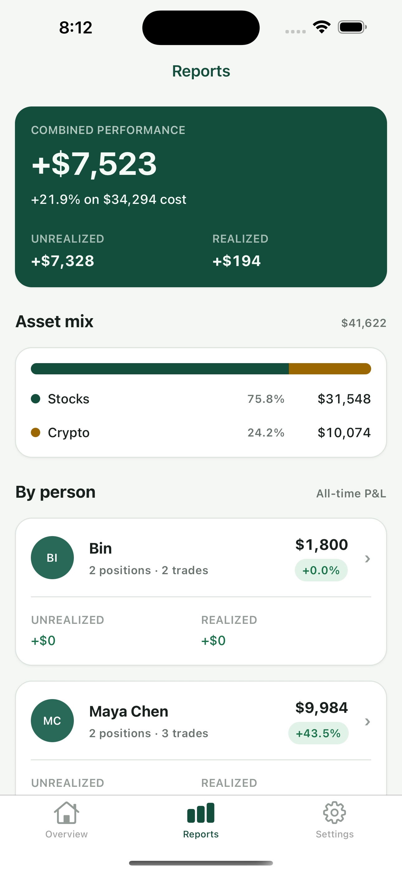 Kinvest reports screen with combined performance and asset allocation