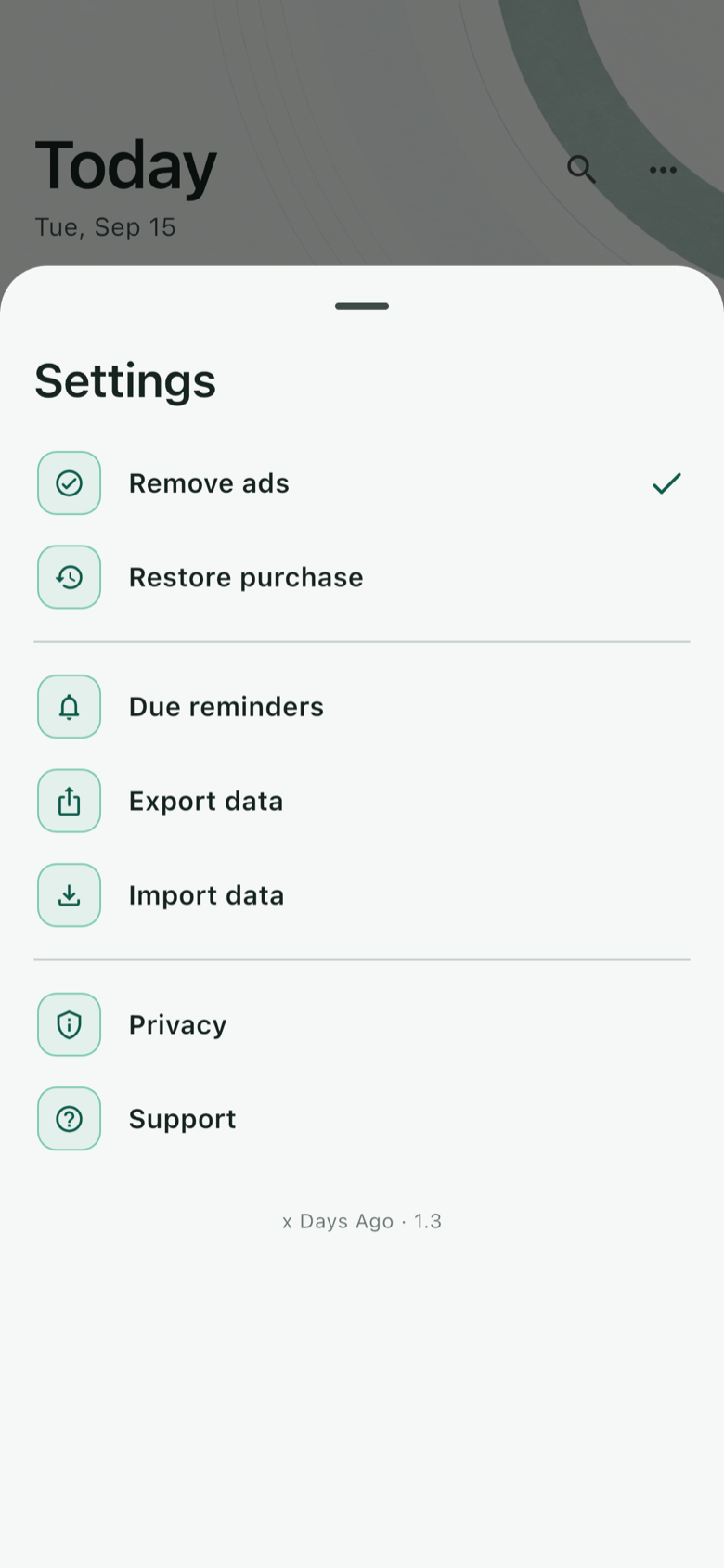 x Days Ago settings with purchase restore, reminders, and data backup