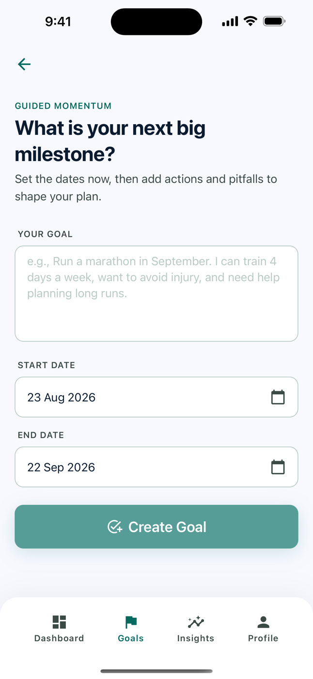 GoalPlus guided goal creation screen with dates and a clear target